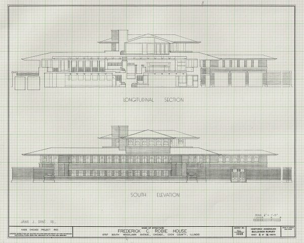 Frederick C. Robie House Drawing - Frank Lloyd Wright House Design Poster, House Blueprint, Home Décor, Chicago Historic Building