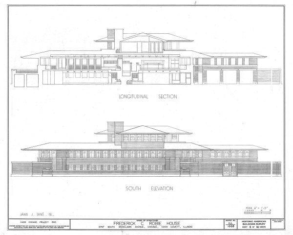 Frederick C. Robie House Drawing - Frank Lloyd Wright House Design Poster, House Blueprint, Home Décor, Chicago Historic Building