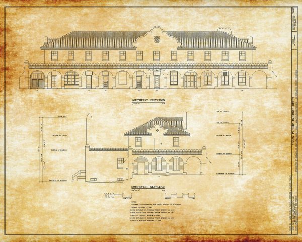 Kelso Union Pacific Railroad Depot Drawing - California Railroad Poster, Historic Building, Railroad Poster, Railroad Station Blueprint