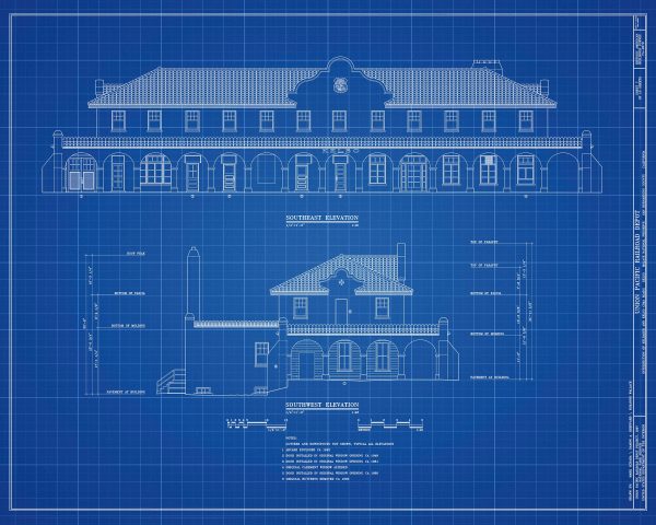 Kelso Union Pacific Railroad Depot Drawing - California Railroad Poster, Historic Building, Railroad Poster, Railroad Station Blueprint