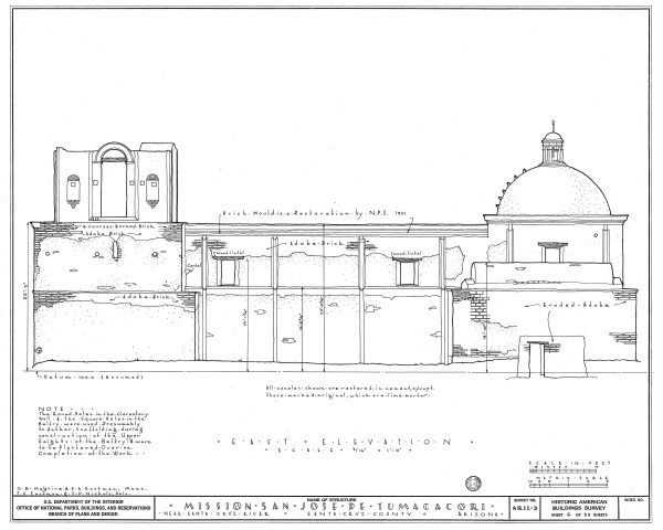 Mission San Jose De Tumacacori Elevation Drawing - Arizona Mission Poster, Old Mission Blueprint, Religious Décor, Historic Mission