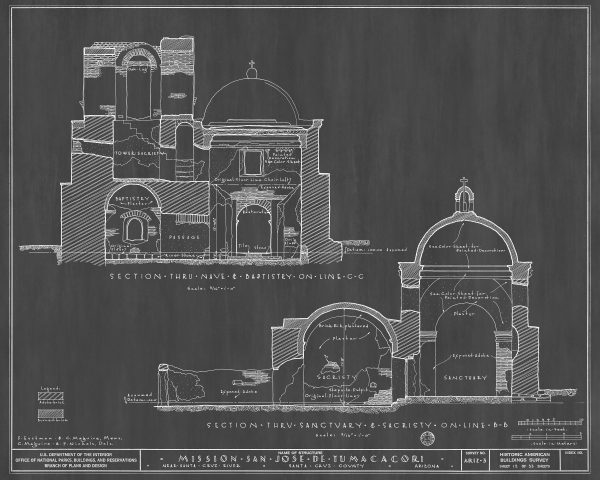 Mission San Jose De Tumacacori Section Drawing - Arizona Mission Poster, Old Mission Blueprint, Religious Décor, Historic Mission