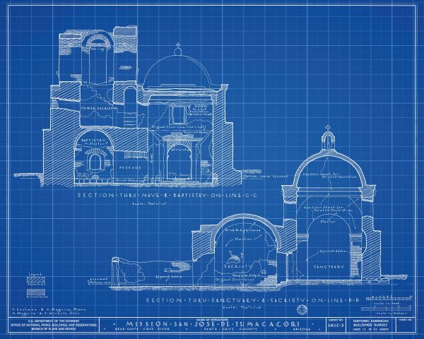 Mission San Jose De Tumacacori Section Drawing - Arizona Mission Poster, Old Mission Blueprint, Religious Décor, Historic Mission