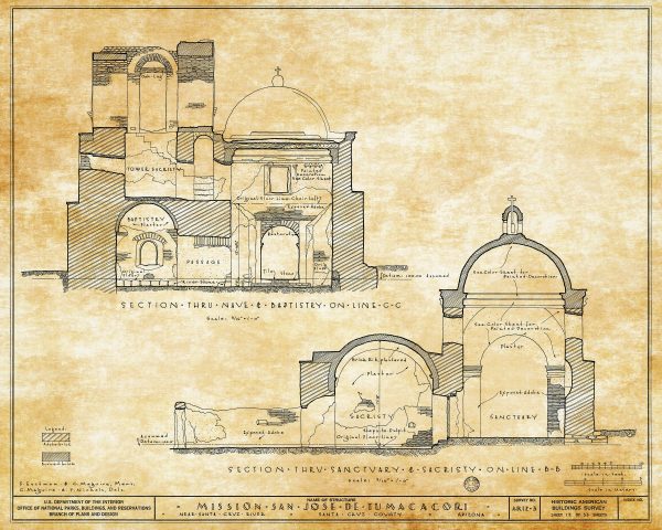 Mission San Jose De Tumacacori Section Drawing - Arizona Mission Poster, Old Mission Blueprint, Religious Décor, Historic Mission