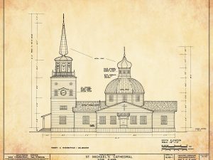 St. Michaels Cathedral Elevation Drawing – Sitka Alaska Church Blueprint, Church Drawing, Religious Home Décor, Blueprint Décor