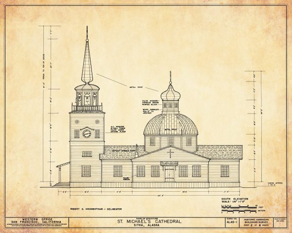 St. Michaels Cathedral Elevation Drawing - Sitka Alaska Church Blueprint, Church Drawing, Religious Home Décor, Blueprint Décor