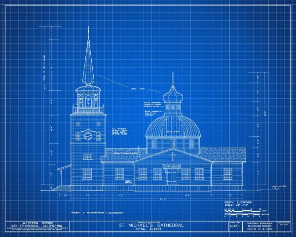 St. Michaels Cathedral Elevation Drawing - Sitka Alaska Church Blueprint, Church Drawing, Religious Home Décor, Blueprint Décor