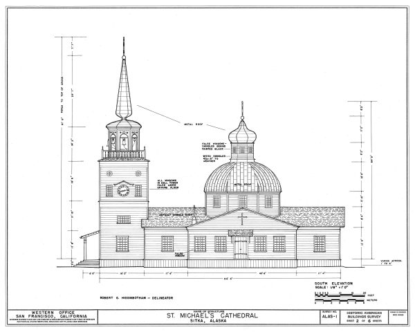 St. Michaels Cathedral Elevation Drawing - Sitka Alaska Church Blueprint, Church Drawing, Religious Home Décor, Blueprint Décor