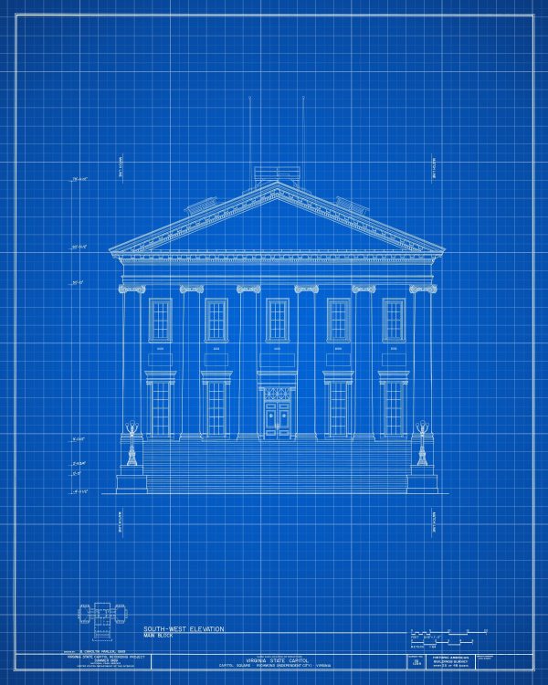 Virginia State Capitol Building Vertical Elevation Drawing - Capitol Building Blueprint, Virginia Capitol, Home Wall Décor, Blueprint Decor