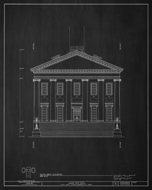 Virginia State Capitol Building Vertical Elevation Drawing - Capitol Building Blueprint, Virginia Capitol, Home Wall Décor, Blueprint Decor