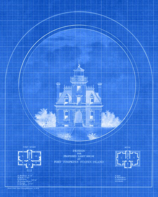 Fort Tompkins Lighthouse Blueprint - New York Lighthouse, Nautical Poster, Beach House Decor, Staten Island Lighthouse Poster Print