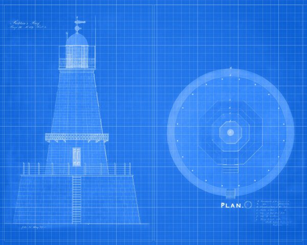 Robbins Reef Lighthouse Blueprint - Lighthouse Drawing, Nautical Poster, Beach House Decor, New Jersey Lighthouse Poster Print