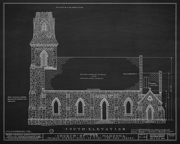 Church of the Madonna South Elevation Drawing - Fort Lee New Jersey Church Blueprint, Church Drawing, Home Wall Décor, Blueprint Décor