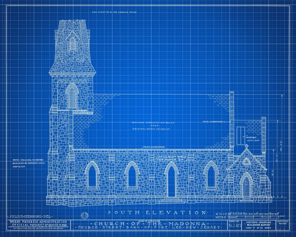 Church of the Madonna South Elevation Drawing - Fort Lee New Jersey Church Blueprint, Church Drawing, Home Wall Décor, Blueprint Décor