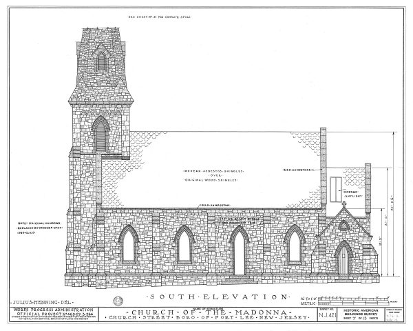 Church of the Madonna South Elevation Drawing - Fort Lee New Jersey Church Blueprint, Church Drawing, Home Wall Décor, Blueprint Décor