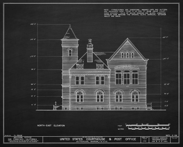 Jefferson Texas Courthouse & Post Office Elevation Drawing - Courthouse Poster Print, Courthouse Drawing, Law Firm Decor, Office Décor