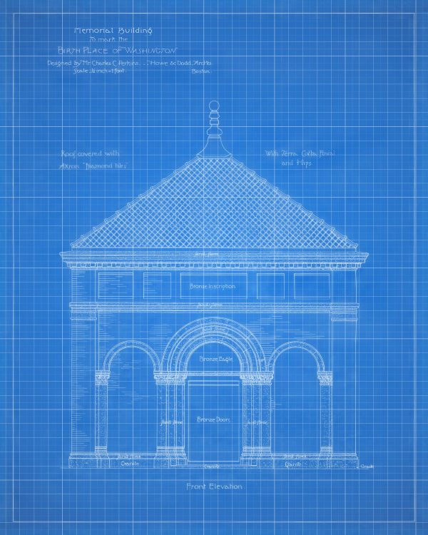 George Washington Birthplace Memorial Blueprint - President Birthplace, Virginia Architecture, President Art, Home Décor, Blueprint Décor