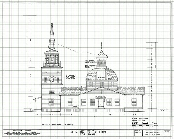 St. Michaels Cathedral Elevation Drawing - Sitka Alaska Church Blueprint, Church Drawing, Religious Home Décor, Blueprint Décor