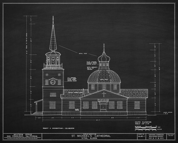 St. Michaels Cathedral Elevation Drawing - Sitka Alaska Church Blueprint, Church Drawing, Religious Home Décor, Blueprint Décor