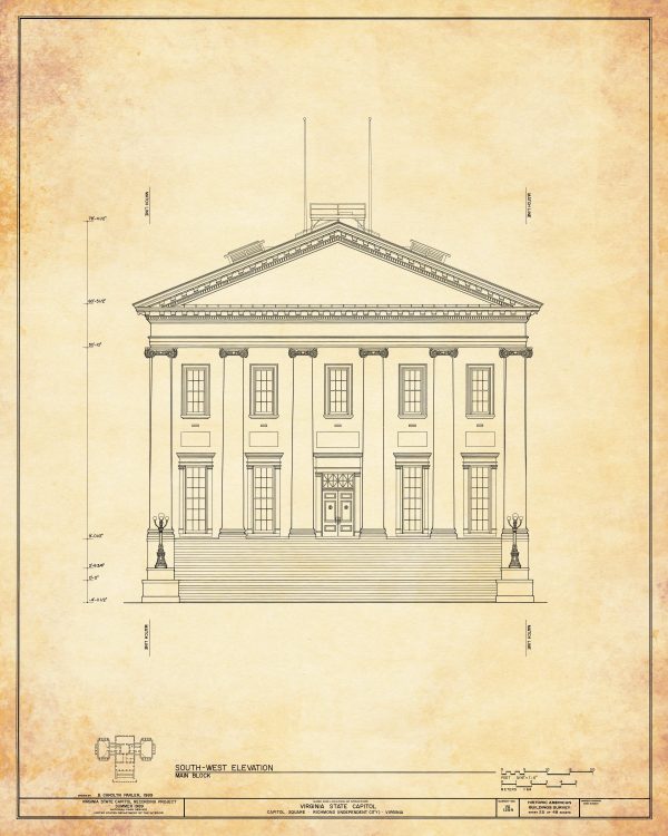 Virginia State Capitol Building Vertical Elevation Drawing - Capitol Building Blueprint, Virginia Capitol, Home Wall Décor, Blueprint Decor