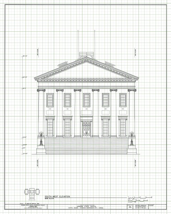 Virginia State Capitol Building Vertical Elevation Drawing - Capitol Building Blueprint, Virginia Capitol, Home Wall Décor, Blueprint Decor