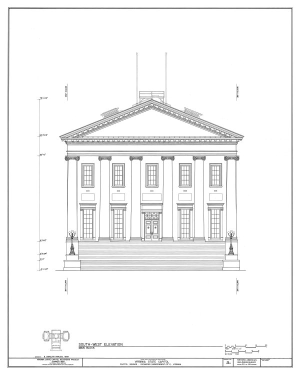 Virginia State Capitol Building Vertical Elevation Drawing - Capitol Building Blueprint, Virginia Capitol, Home Wall Décor, Blueprint Decor