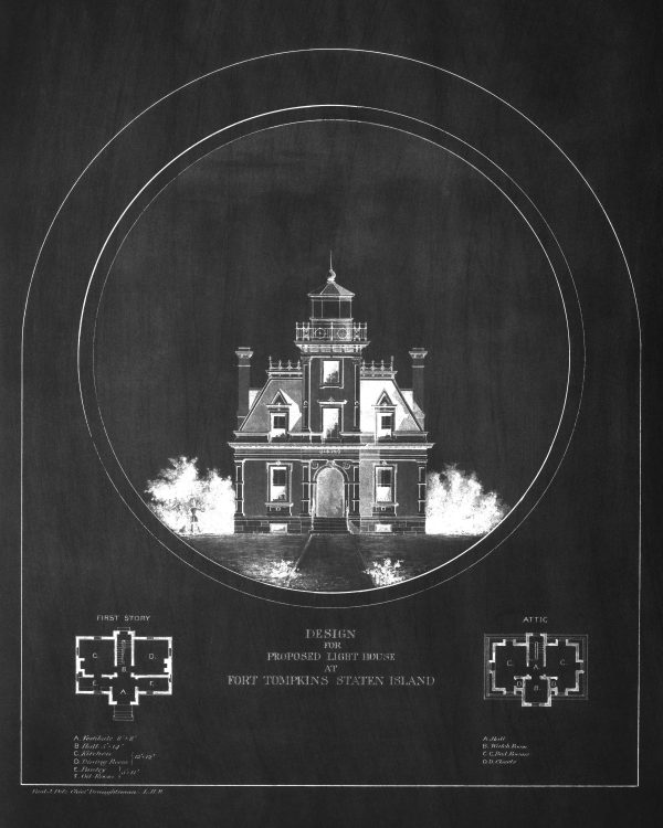 Fort Tompkins Lighthouse Blueprint - New York Lighthouse, Nautical Poster, Beach House Decor, Staten Island Lighthouse Poster Print