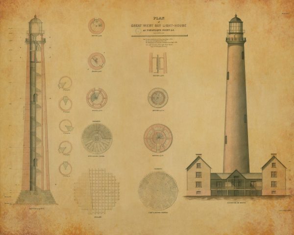 Shinnecock Light Lighthouse Blueprint - Ponquogue Point Lighthouse, Nautical Poster, Beach House Decor, Long Island Lighthouse Poster Print