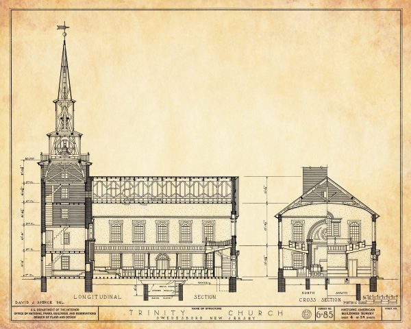 Swedesboro Trinity Church Section Drawing - New Jersey Church Blueprint, Church Drawing, Religious Home Décor, Blueprint Décor