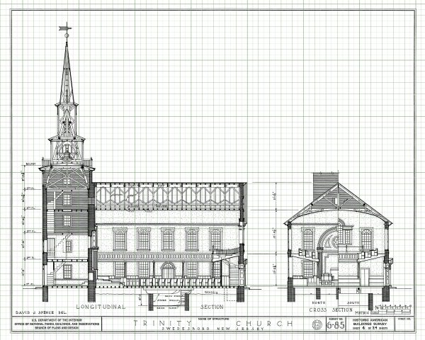 Swedesboro Trinity Church Section Drawing - New Jersey Church Blueprint, Church Drawing, Religious Home Décor, Blueprint Décor