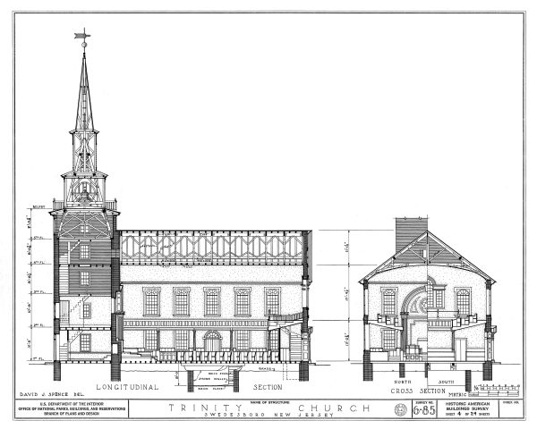 Swedesboro Trinity Church Section Drawing - New Jersey Church Blueprint, Church Drawing, Religious Home Décor, Blueprint Décor