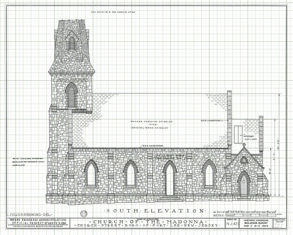 Church of the Madonna South Elevation Drawing - Fort Lee New Jersey Church Blueprint, Church Drawing, Home Wall Décor, Blueprint Décor