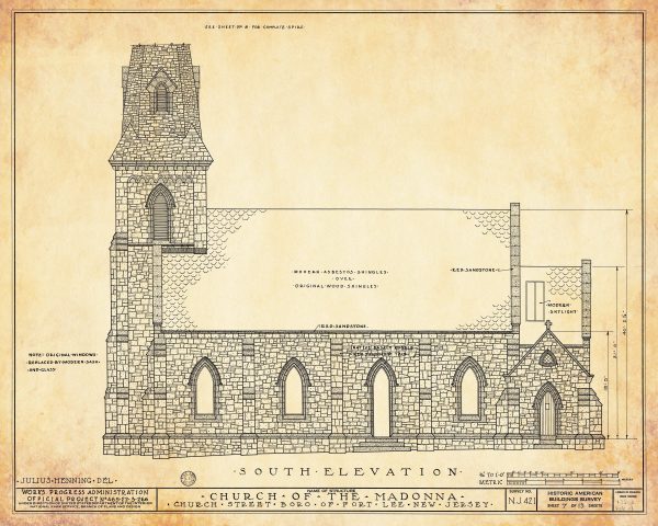 Church of the Madonna South Elevation Drawing - Fort Lee New Jersey Church Blueprint, Church Drawing, Home Wall Décor, Blueprint Décor