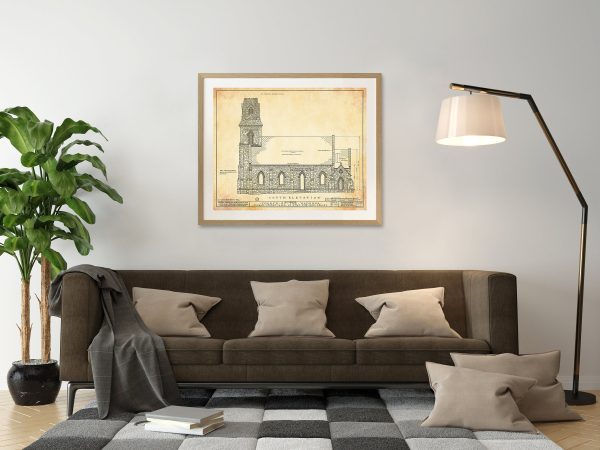 Church of the Madonna South Elevation Drawing - Fort Lee New Jersey Church Blueprint, Church Drawing, Home Wall Décor, Blueprint Décor